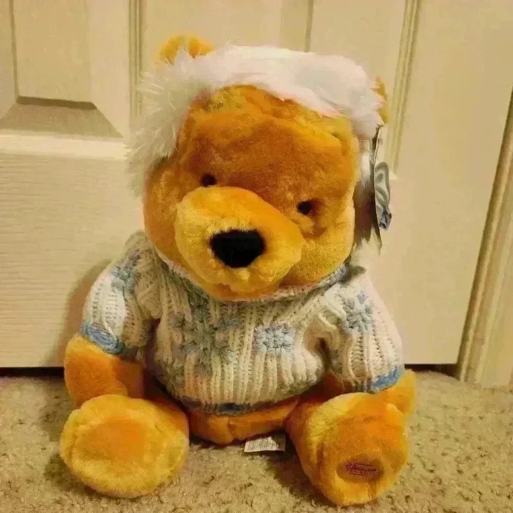 Disney Store Winnie the Pooh Plush Winter Snowflake Sweater Hat Holiday 12"